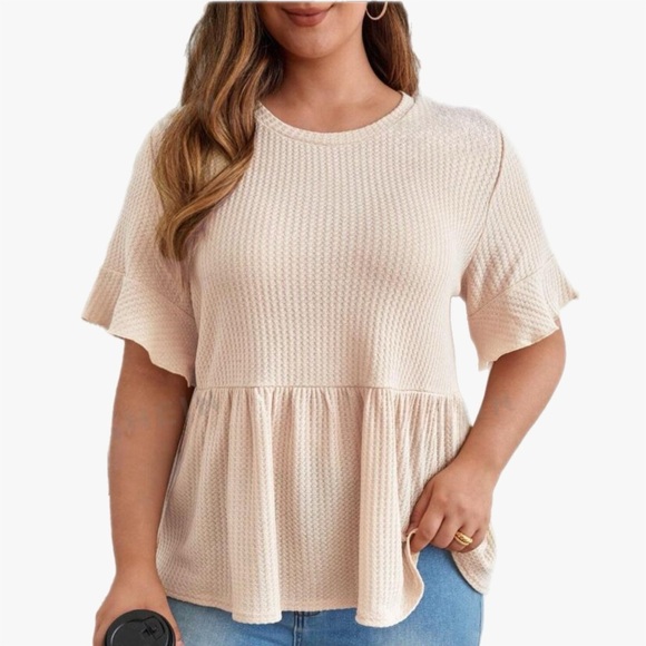 ➕ NWT SHEIN Curve Frenchy Cream Waffle Knit Peplum Top Women’s Plus Size 1X - Picture 1 of 8